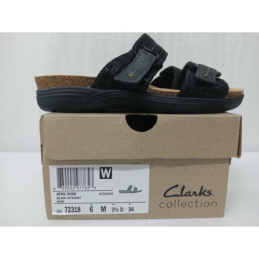 Clarks Women's April Dusk Black Leather Adjustable Sandals 26172318‎ Sz 6
